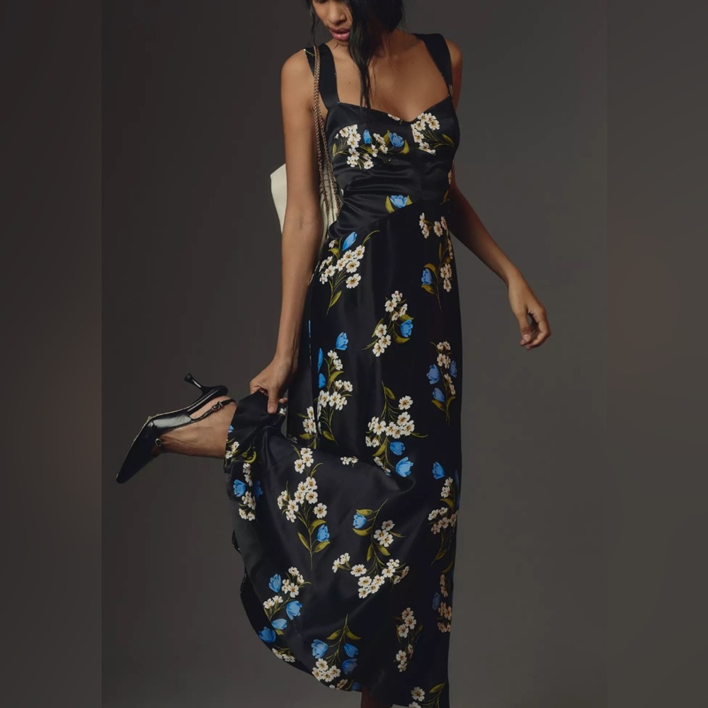 Maeve Anthropologie Black Floral Midi Dress with Blue and White Flowers